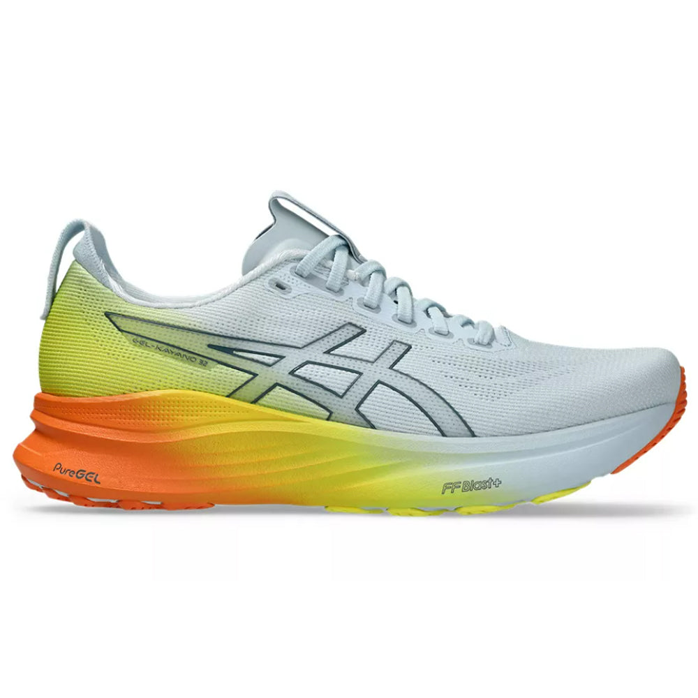 Side view on white background of Mens Asics Gel-Kayano running shoe in Sky/Lemon Spark, Medium (Regular) width