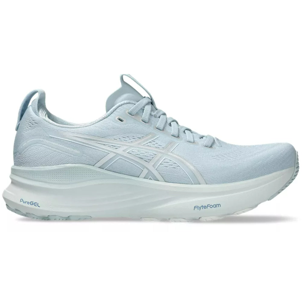 Side view on white background of Womens Asics Gel-Kayano running shoe in Sky/Pure Silver, Medium (Regular) width