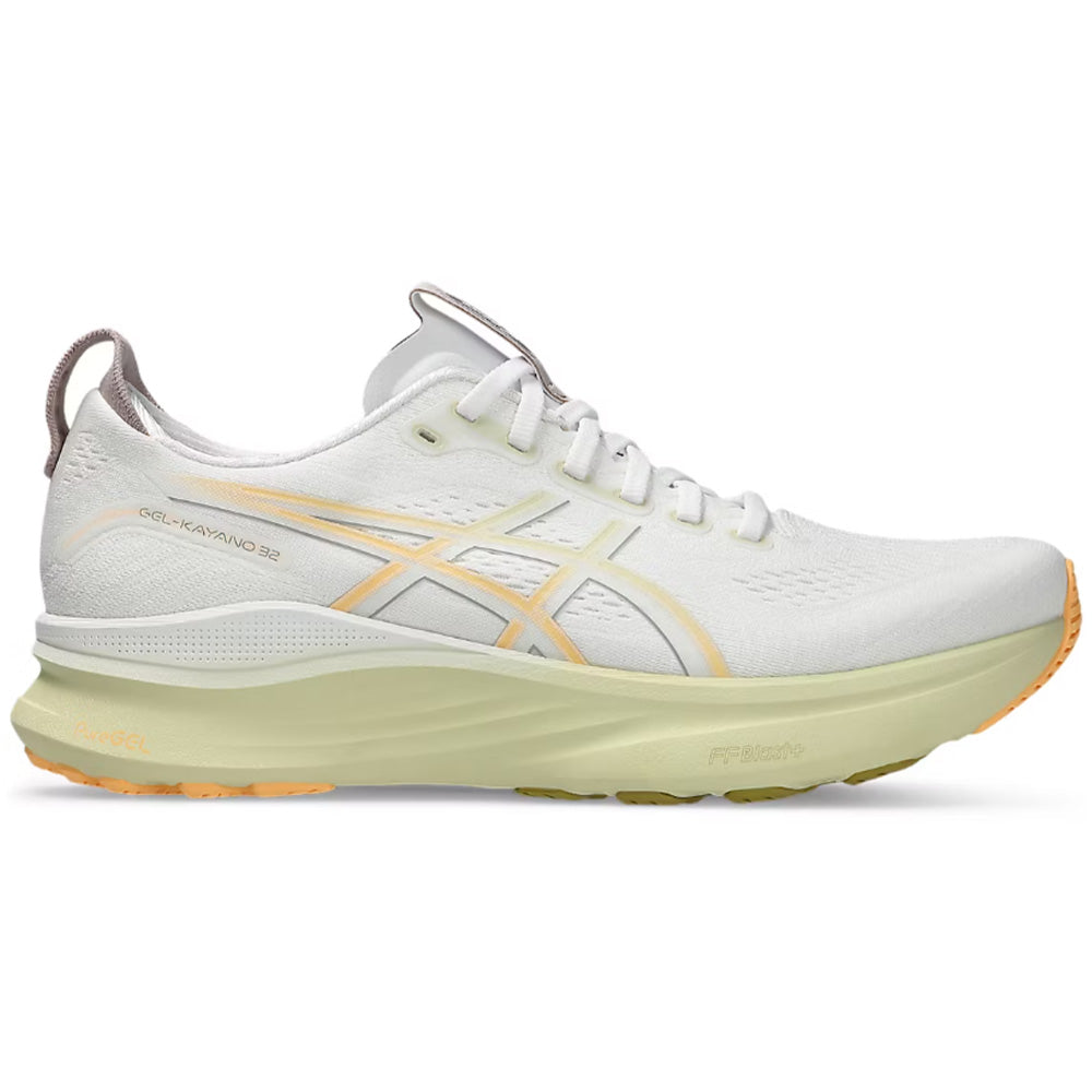 Side view on white background of Mens Asics Gel-Kayano 32 running shoe in White/Orange Glow, Wide width