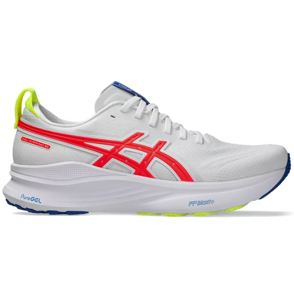 Side view on white background of Mens Asics Gel-Kayano running shoe in White/Flash Coral, Medium (Regular) width