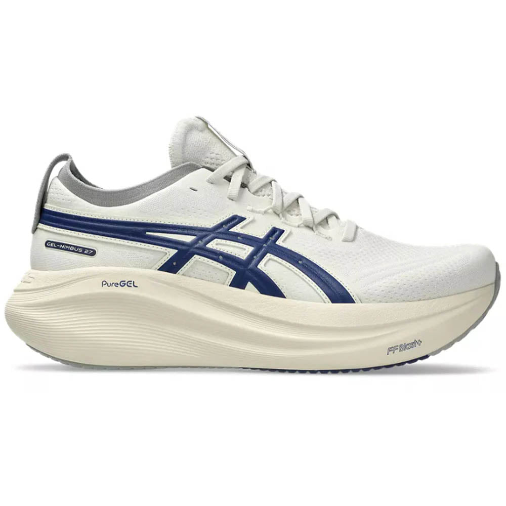 Side view on white background of Mens Asics Gel-Nimbus running shoe in Birch/Indigo Blue, Medium (Regular) width