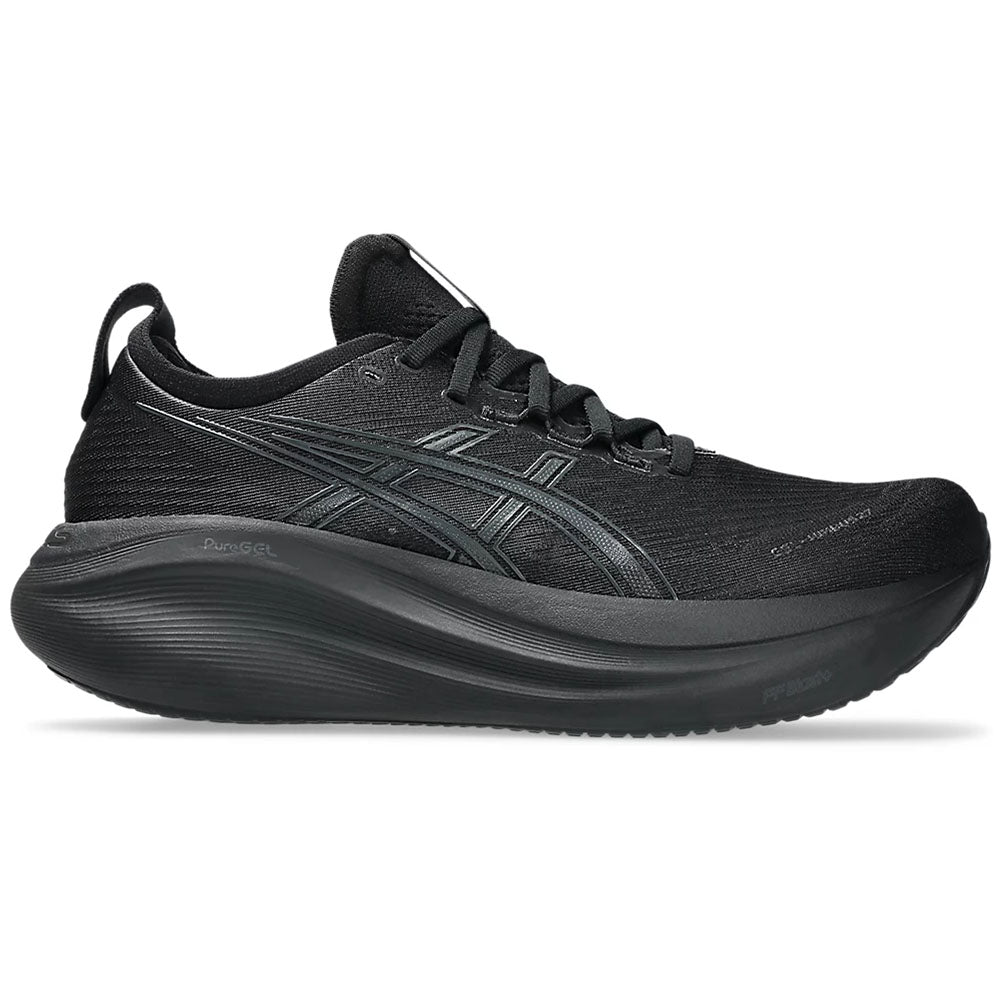Side view on white background of Mens Asics Gel-Nimbus running shoe in Black/Graphite Grey, Wide width