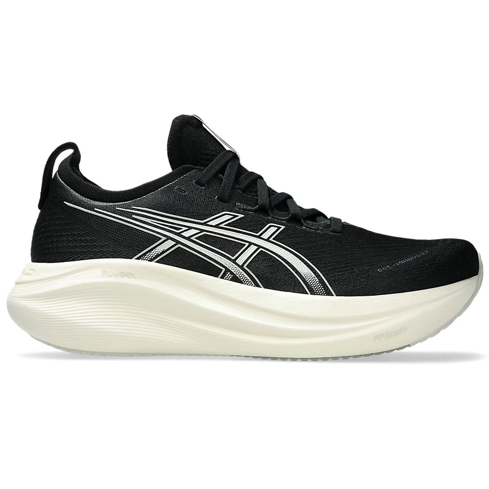 Side view on white background of Mens Asics Gel-Nimbus running shoe in Black/Lake Grey, Wide width