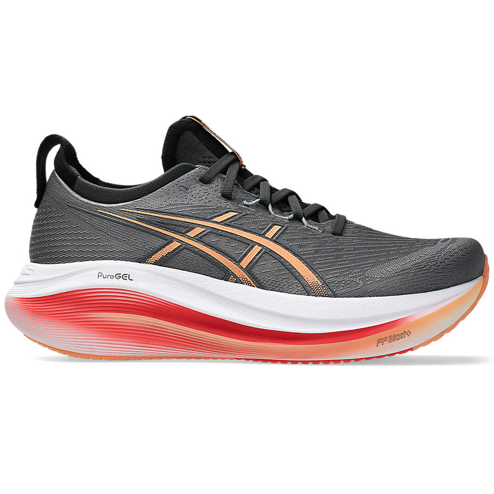 Side view on white background of Mens Asics Gel-Nimbus running shoe in Carbon/Mojave, Wide width