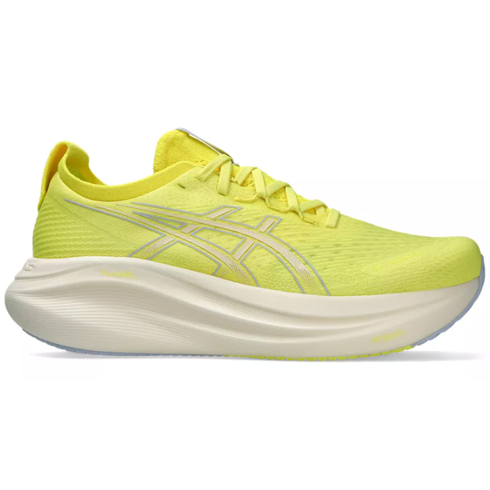 Side view on white background of Mens Asics Gel-Nimbus running shoe in Citron/Cream, Medium (Regular) width