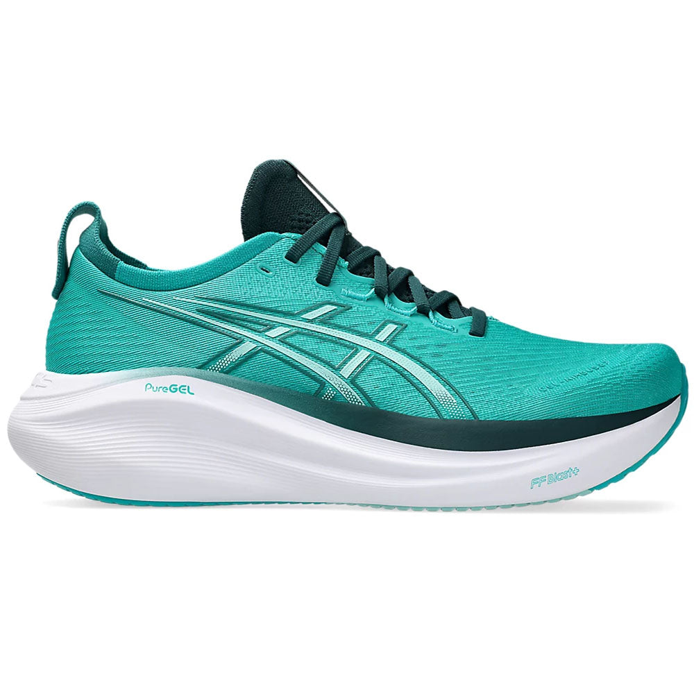 Side view on white background of Mens Asics Gel-Nimbus running shoe in Wave Teal/Saxon Green, Medium (Regular) width