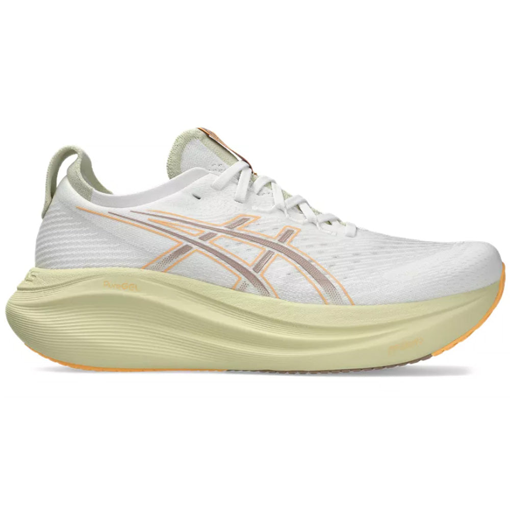 Side view on white background of Mens Asics Gel-Nimbus running shoe in White/Fawn, Medium (Regular) width