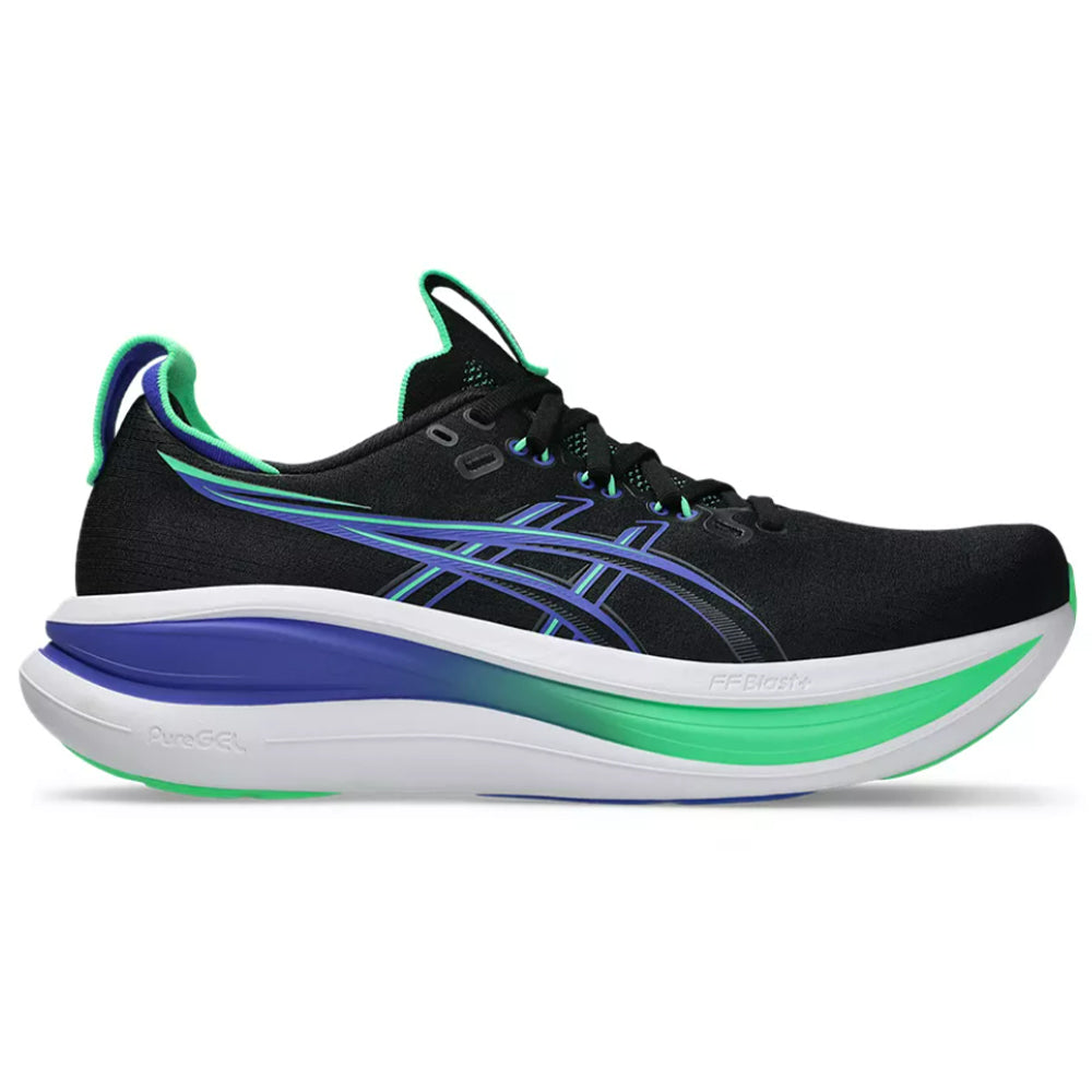 Side view on white background of Mens Asics Gel-Nimbus running shoe in Black/Cobalt Burst, Medium (Regular) width