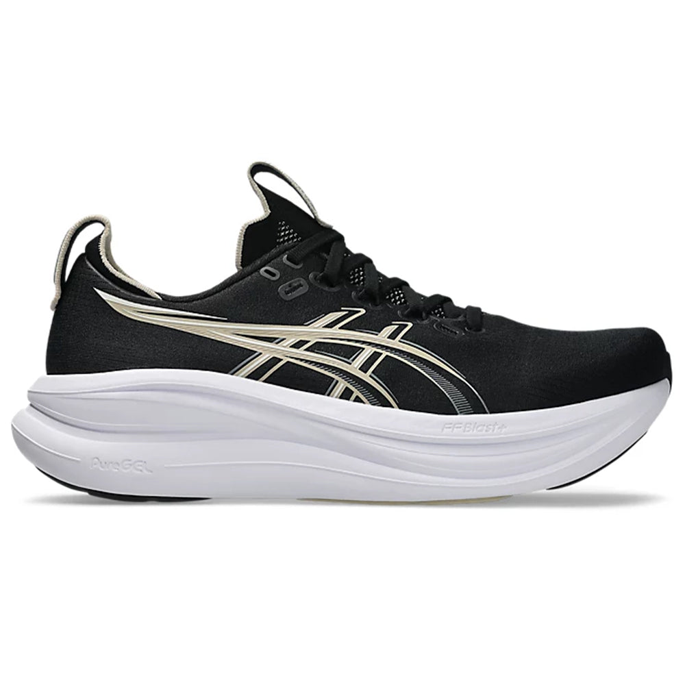 Side view on white background of Mens Asics Gel-Nimbus running shoe in Black/Feather Grey, Wide width