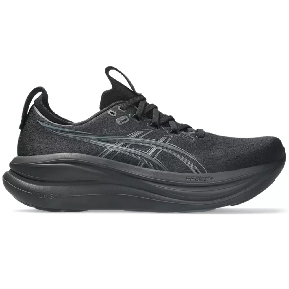Side view on white background of Mens Asics Gel-Nimbus running shoe in Black/Graphite Grey, Medium (Regular) width