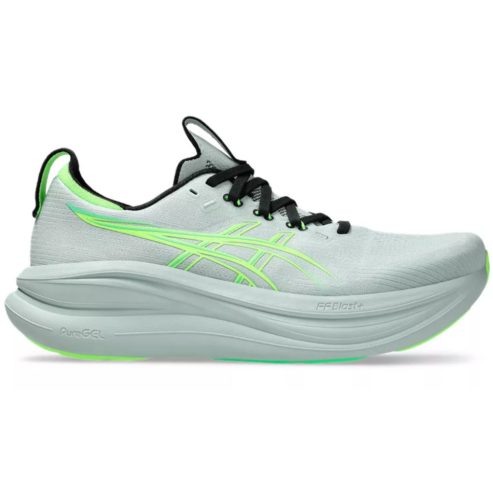 Side view on white background of Mens Asics Gel-Nimbus running shoe in Cold Moss/Illuminate Green, Wide width