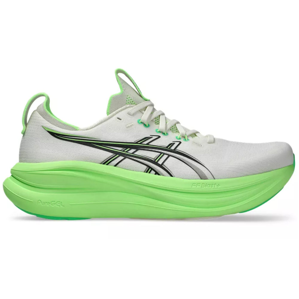 Side view on white background of Mens Asics Gel-Nimbus running shoe in Cream/Black, Medium (Regular) width