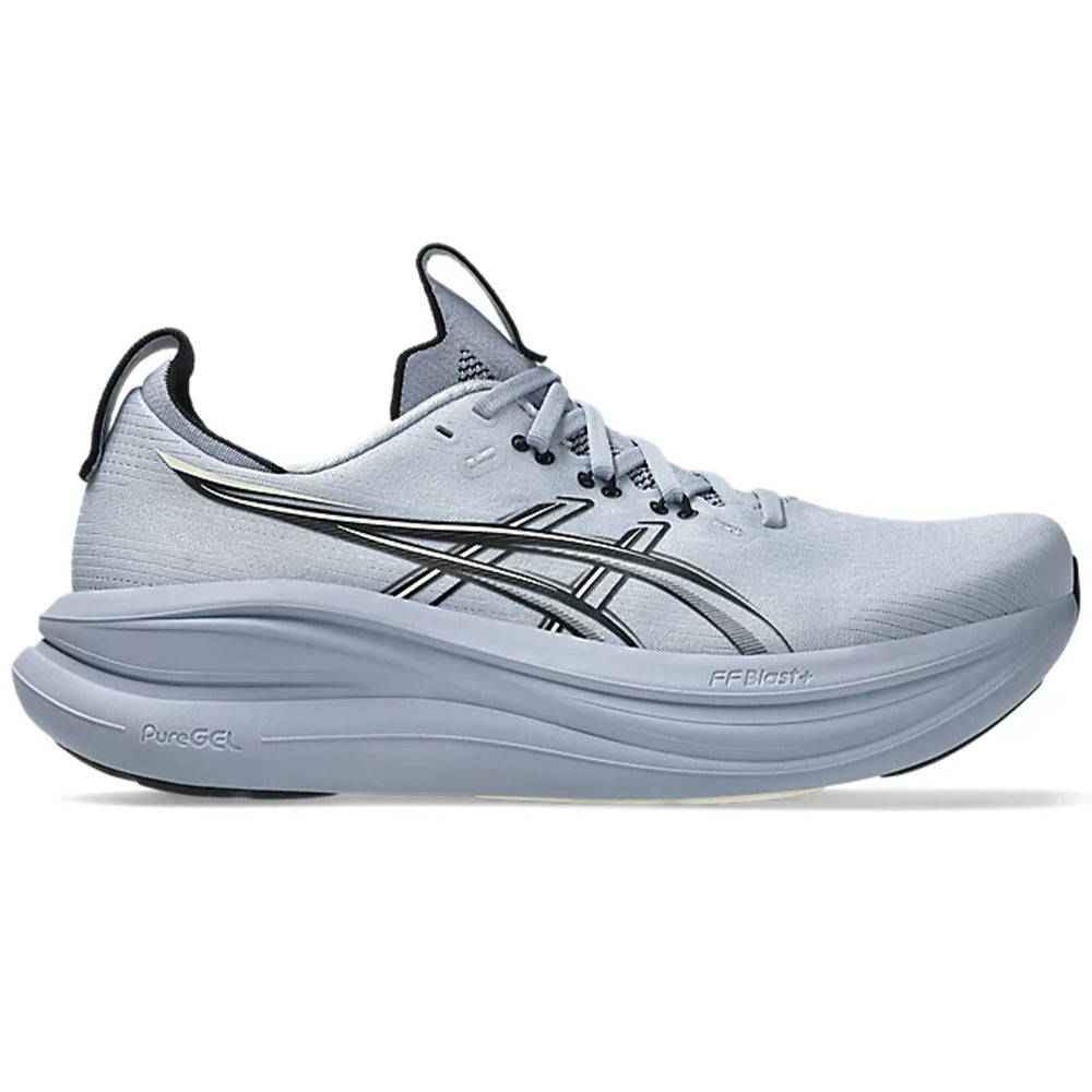 Side view on white background of Mens Asics Gel-Nimbus running shoe in Grey Blue/Black, Medium (Regular) width