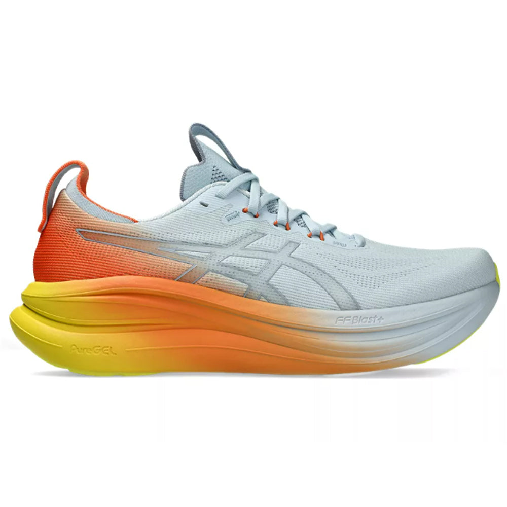 Side view on white background of Mens Asics Gel-Nimbus running shoe in Sky/Sun Peach, Medium (Regular) width