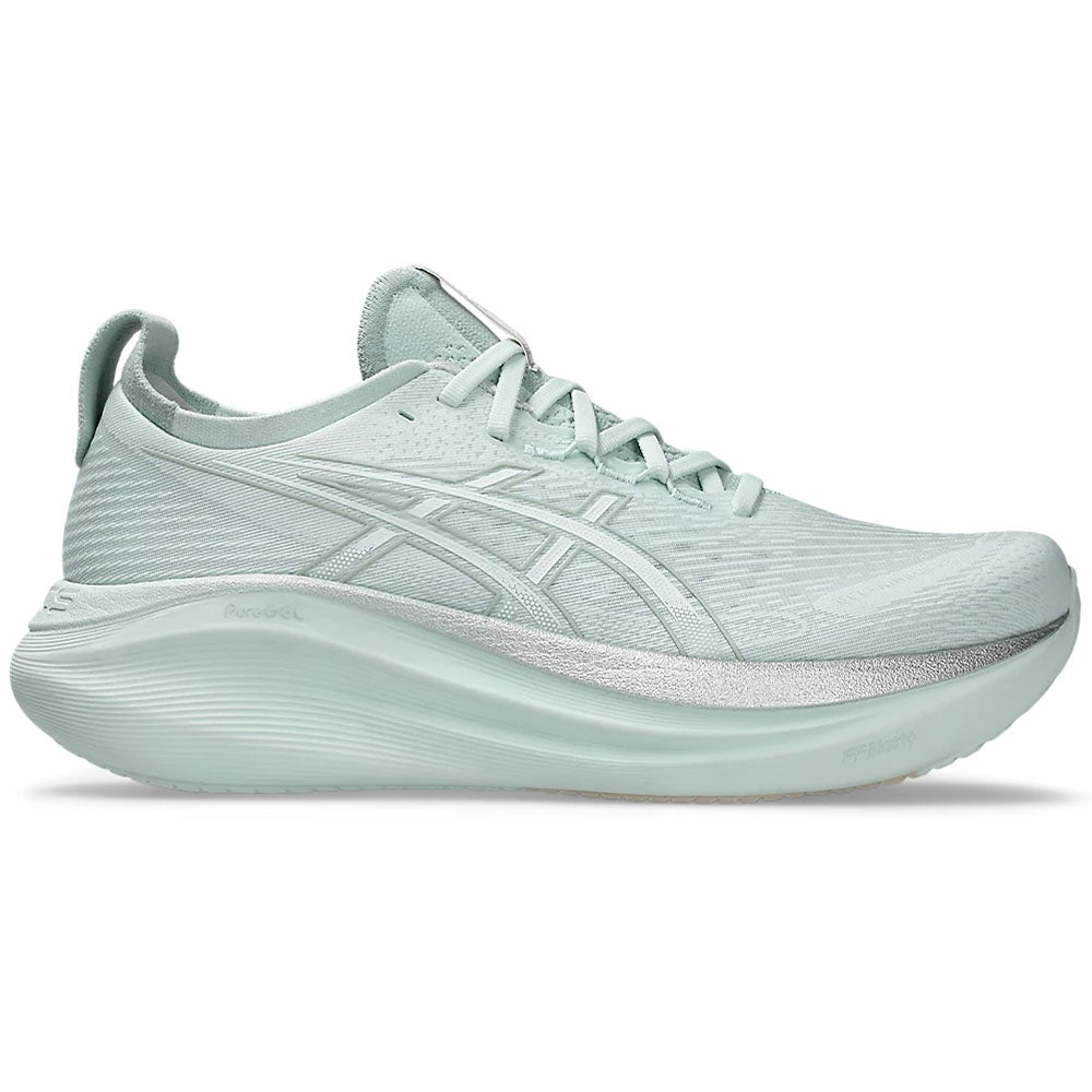 Side view on white background of Mens Asics Gel-Nimbus running shoe in Pure Aqua/White, Medium (Regular) width