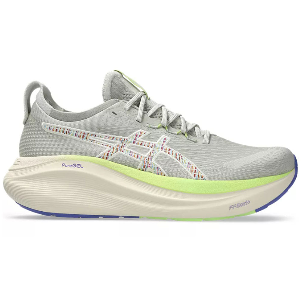Side view on white background of Mens Asics Gel-Nimbus running shoe in Nature Bathing/Lime Green, Medium (Regular) width