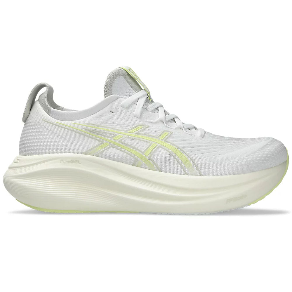 Side view on white background of Mens Asics Gel-Nimbus running shoe in White/Huddle Yellow, Medium (Regular) width