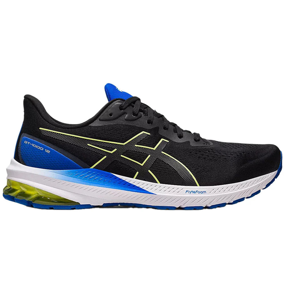 Side view on white background of Mens Asics GT-1000 running shoe in Black/Glow Yellow, Medium (Regular) width