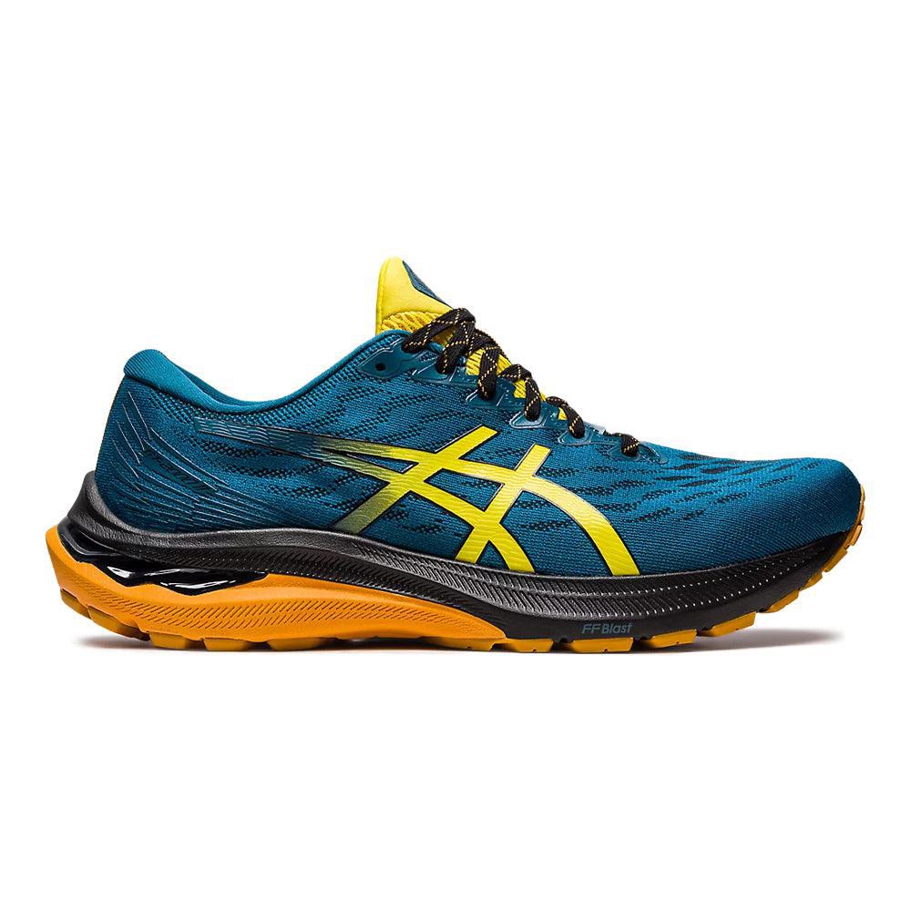 Side view on white background of Mens Asics GT-2000 running shoe in Nature Bathing/Golden Yellow, Medium (Regular) width