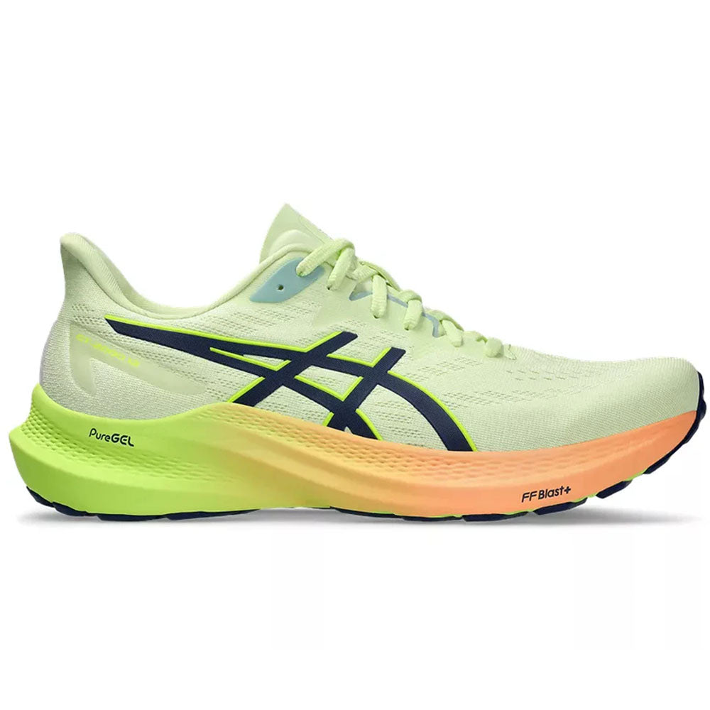 Side view on white background of Mens Asics GT-2000 running shoe in Cool Matcha/Blue Expanse, Medium (Regular) width