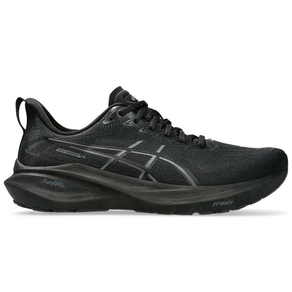 Side view on white background of Mens Asics GT-2000 running shoe in Black/Black, Medium (Regular) width
