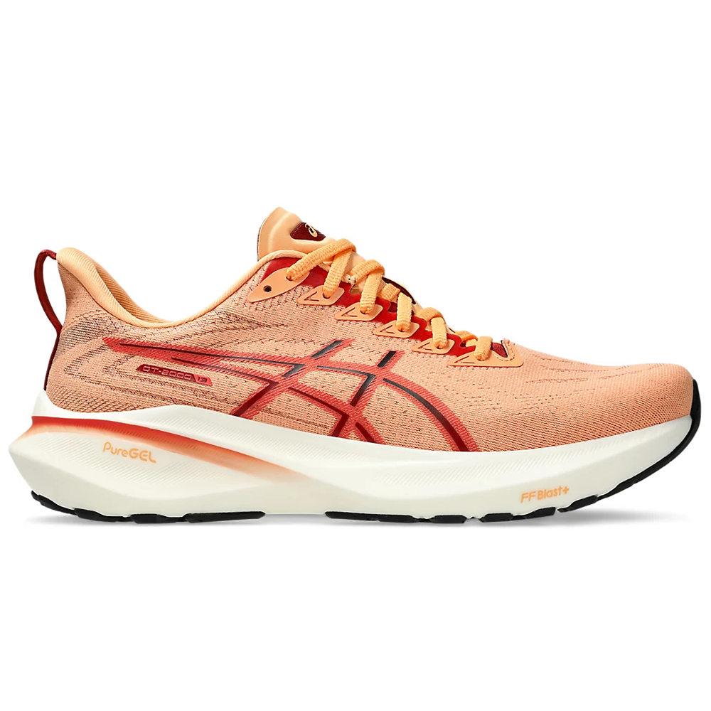 Side view on white background of Mens Asics GT-2000 running shoe in Faded Orange/Desert Red, Medium (Regular) width