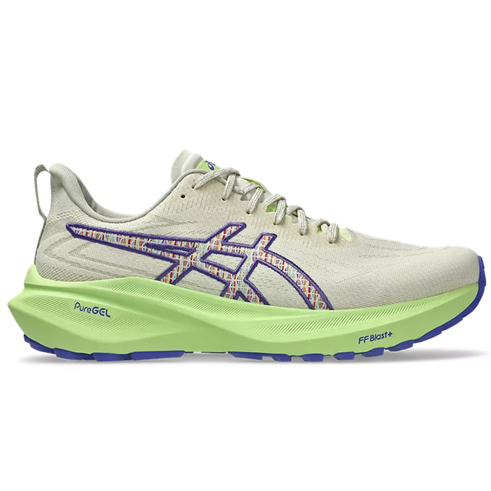Side view on white background of Mens Asics GT-2000 running shoe in Nature Bathing/Lime Green, Medium (Regular) width