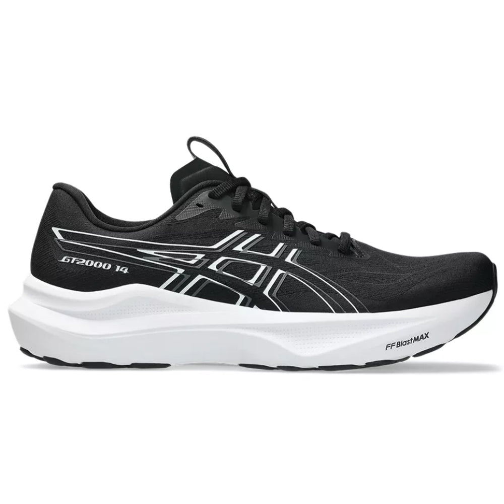 Side view on white background of Mens Asics GT-2000 14 running shoe in Black/White, Extra Wide width