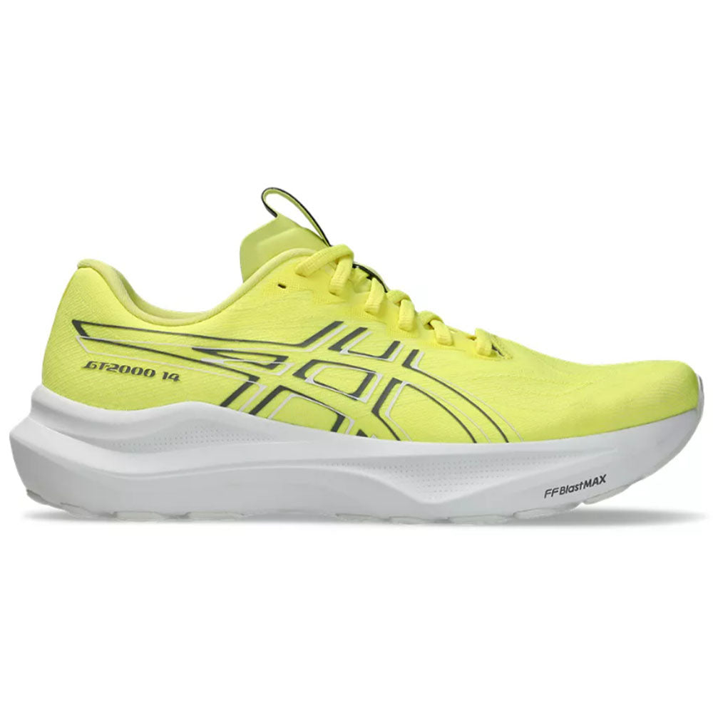 Side view on white background of Mens Asics GT-2000 running shoe in Citron/Steel Grey, Medium (Regular) width