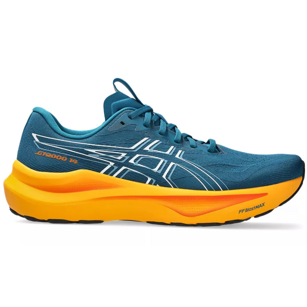 Side view on white background of Mens Asics GT-2000 running shoe in Dark Teal/White, Medium (Regular) width