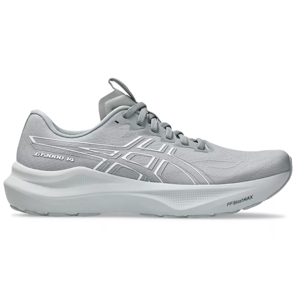 Side view on white background of Mens Asics GT-2000 running shoe in Gravel/White, Medium (Regular) width