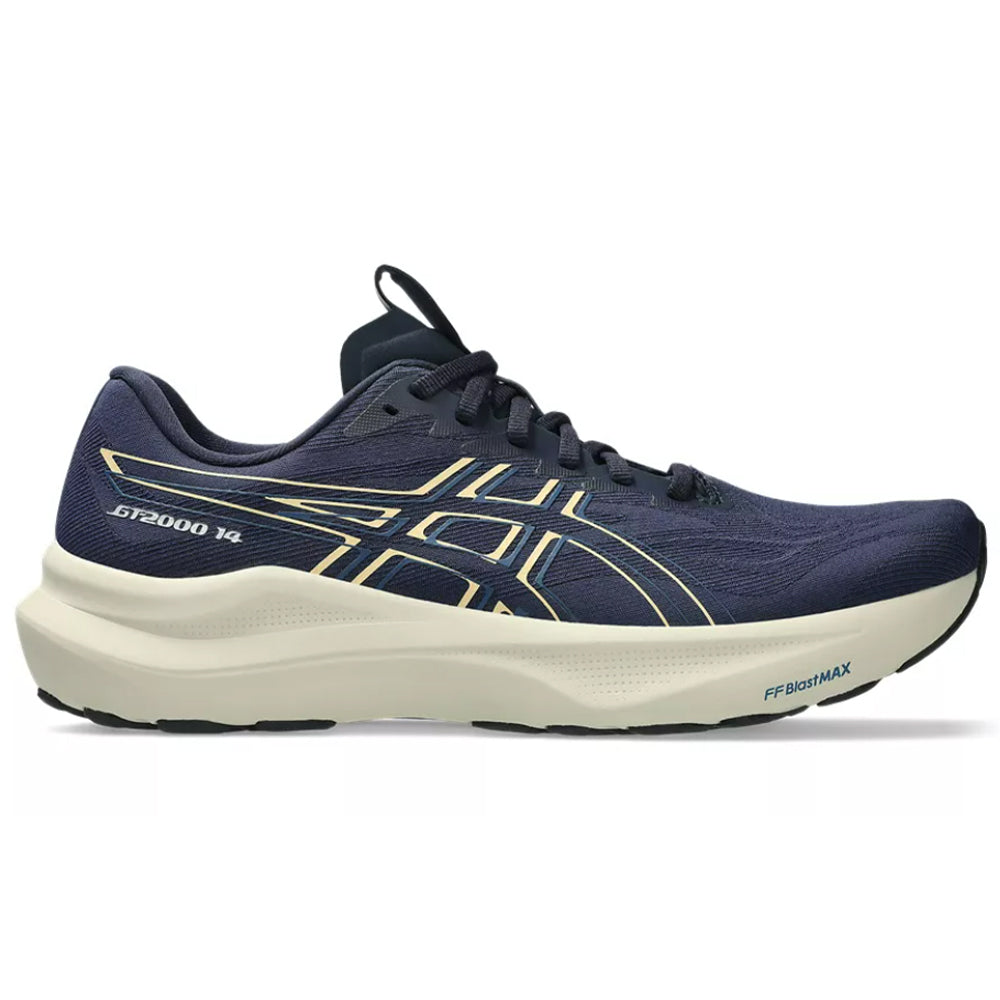 Side view on white background of Mens Asics GT-2000 running shoe in Midnight/Light Orange, Medium (Regular) width