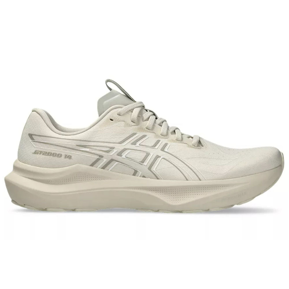 Side view on white background of Mens Asics GT-2000 running shoe in Oatmeal/White, Medium (Regular) width