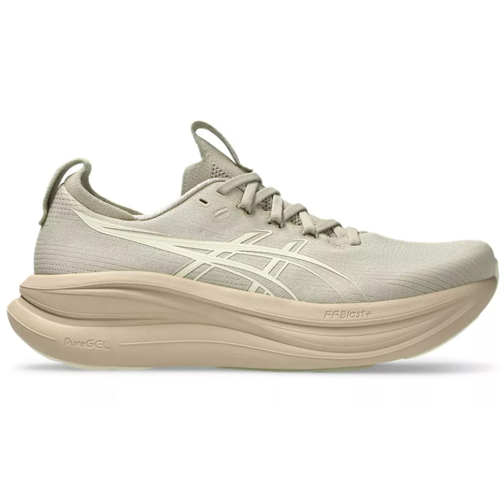 Side view on white background of Mens Asics Gel-Nimbus running shoe in Feather Grey/Cream, Medium (Regular) width