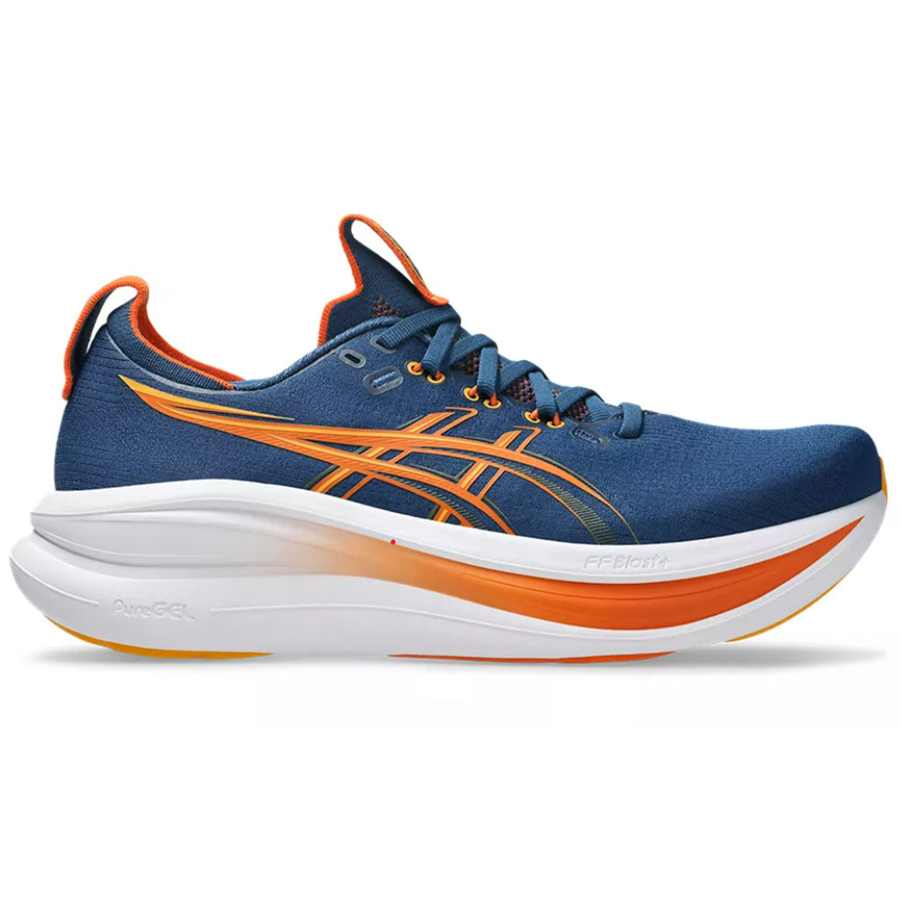 Side view on white background of Mens Asics Gel-Nimbus running shoe in Twilight Blue/Anzu, Wide width
