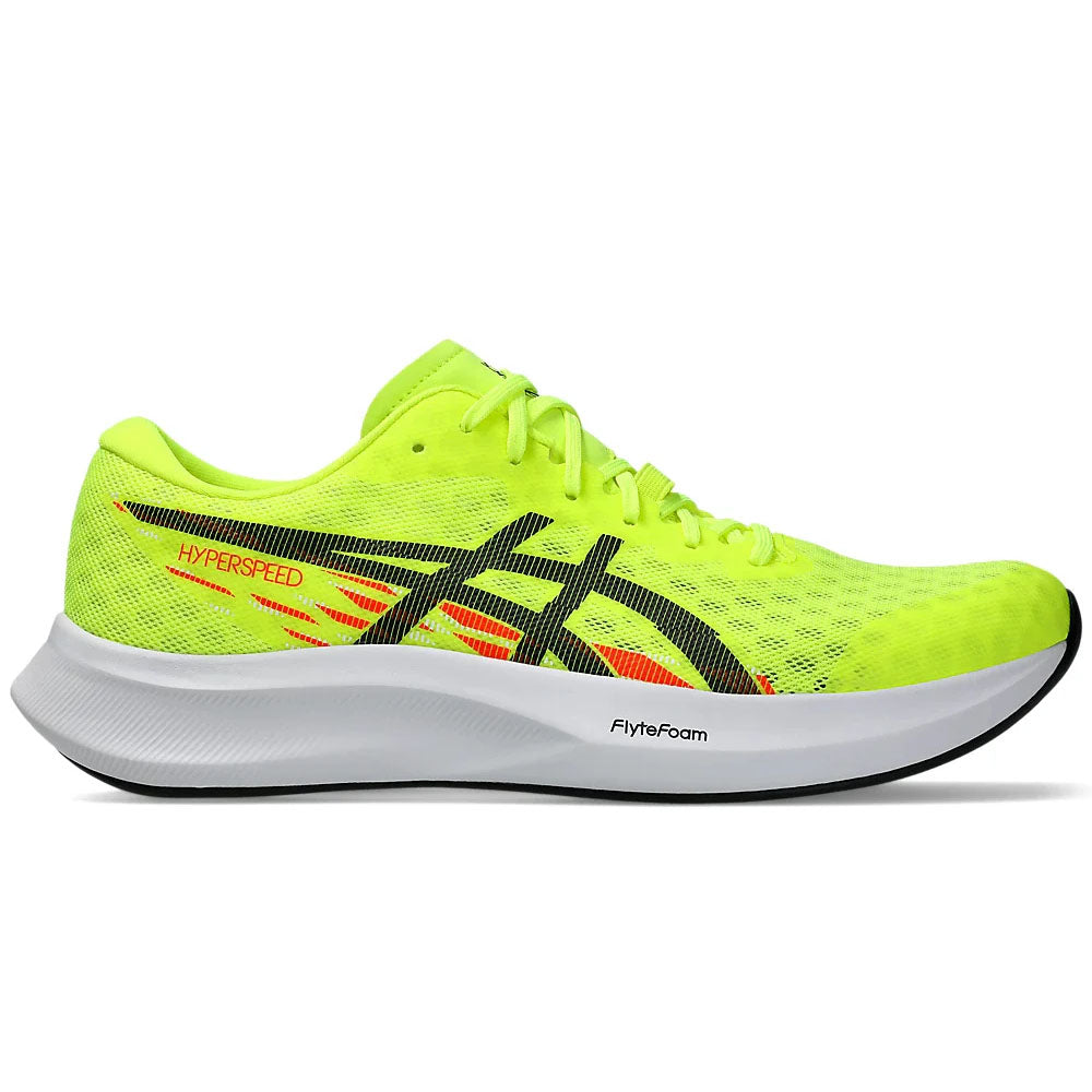 Side view on white background of Mens Asics Hyper Speed running shoe in Safety Yellow/Black, Medium (Regular) width
