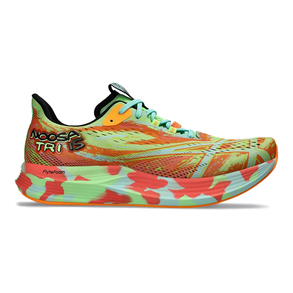 Side view on white background of Mens Asics Noosa Tri running shoe in Lime Burst/Illuminate Mint, Medium (Regular) width
