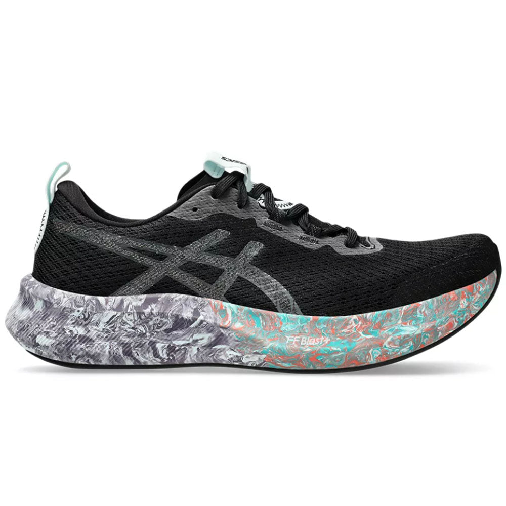 Side view on white background of Mens Asics Noosa Tri running shoe in Black/Soothing Sea, Medium (Regular) width