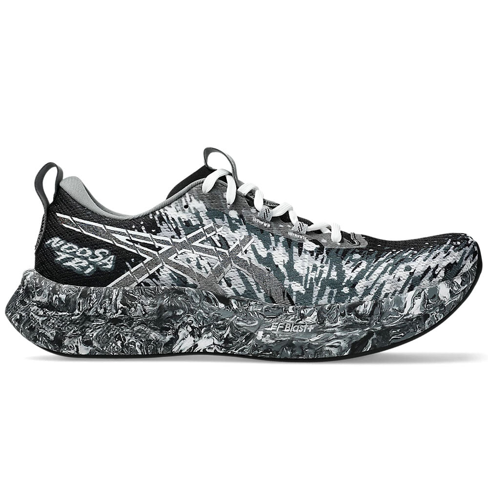 Side view on white background of Mens Asics Noosa Tri running shoe in Black/White, Medium (Regular) width