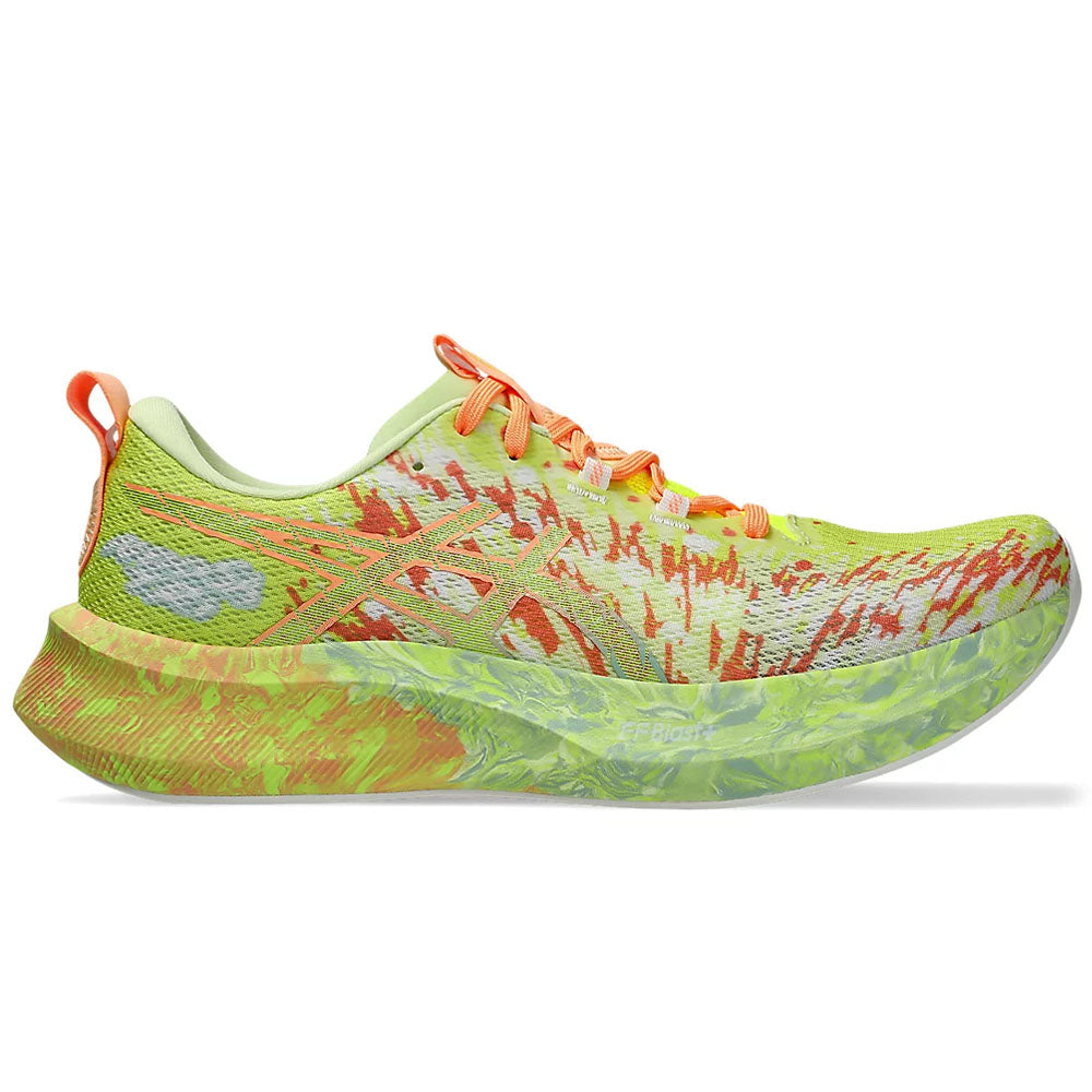Side view on white background of Mens Asics Noosa Tri running shoe in Safety Yellow/Cool Matcha, Medium (Regular) width