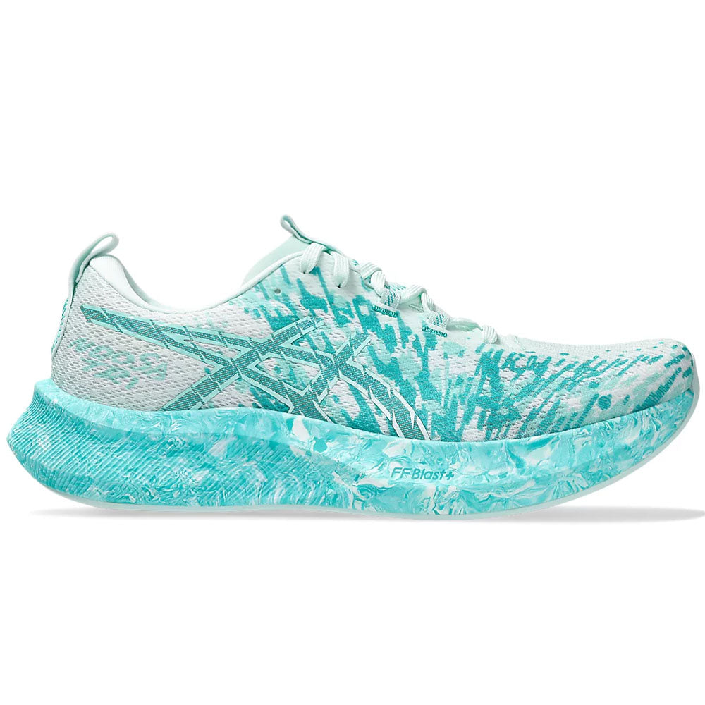 Side view on white background of Mens Asics Noosa Tri running shoe in Soothing Sea/White, Medium (Regular) width
