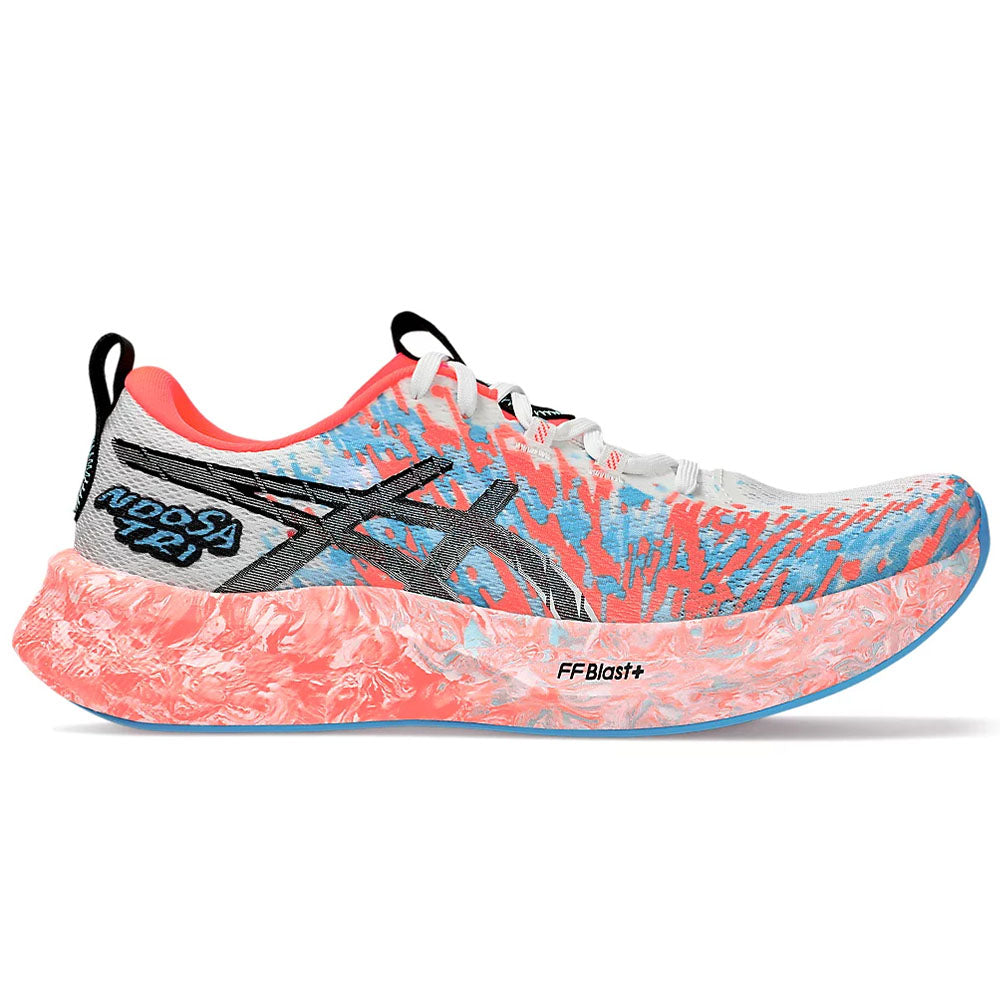 Side view on white background of Mens Asics Noosa Tri running shoe in White/Sunrise Red, Medium (Regular) width