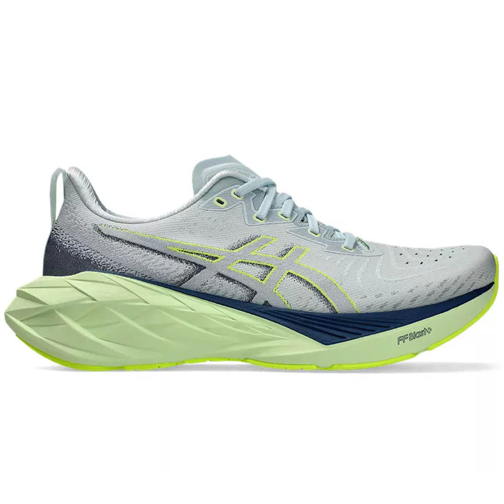Side view on white background of Mens Asics Novablast running shoe in Cool Grey/Blue Expanse, Medium (Regular) width