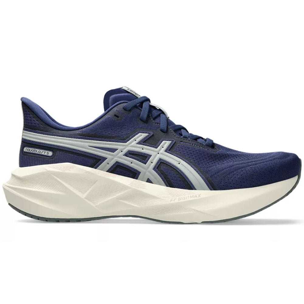 Side view on white background of Mens Asics Novablast running shoe in Indigo Blue/Seal Grey, Medium (Regular) width