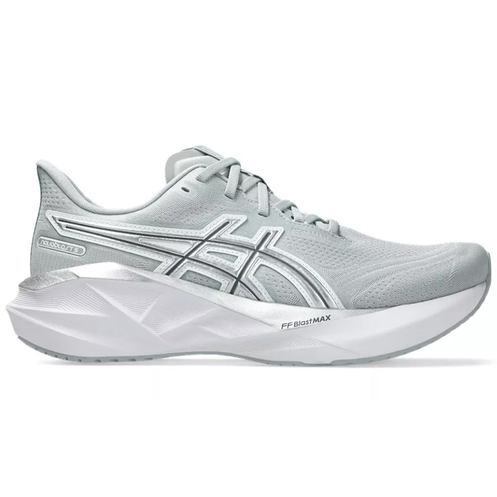 Side view on white background of Mens Asics Novablast running shoe in Piedmont Grey/Pure Silver, Medium (Regular) width