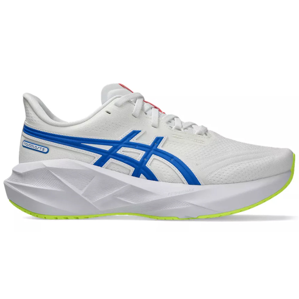 Side view on white background of Mens Asics Novablast running shoe in White/Tuna Blue, Medium (Regular) width