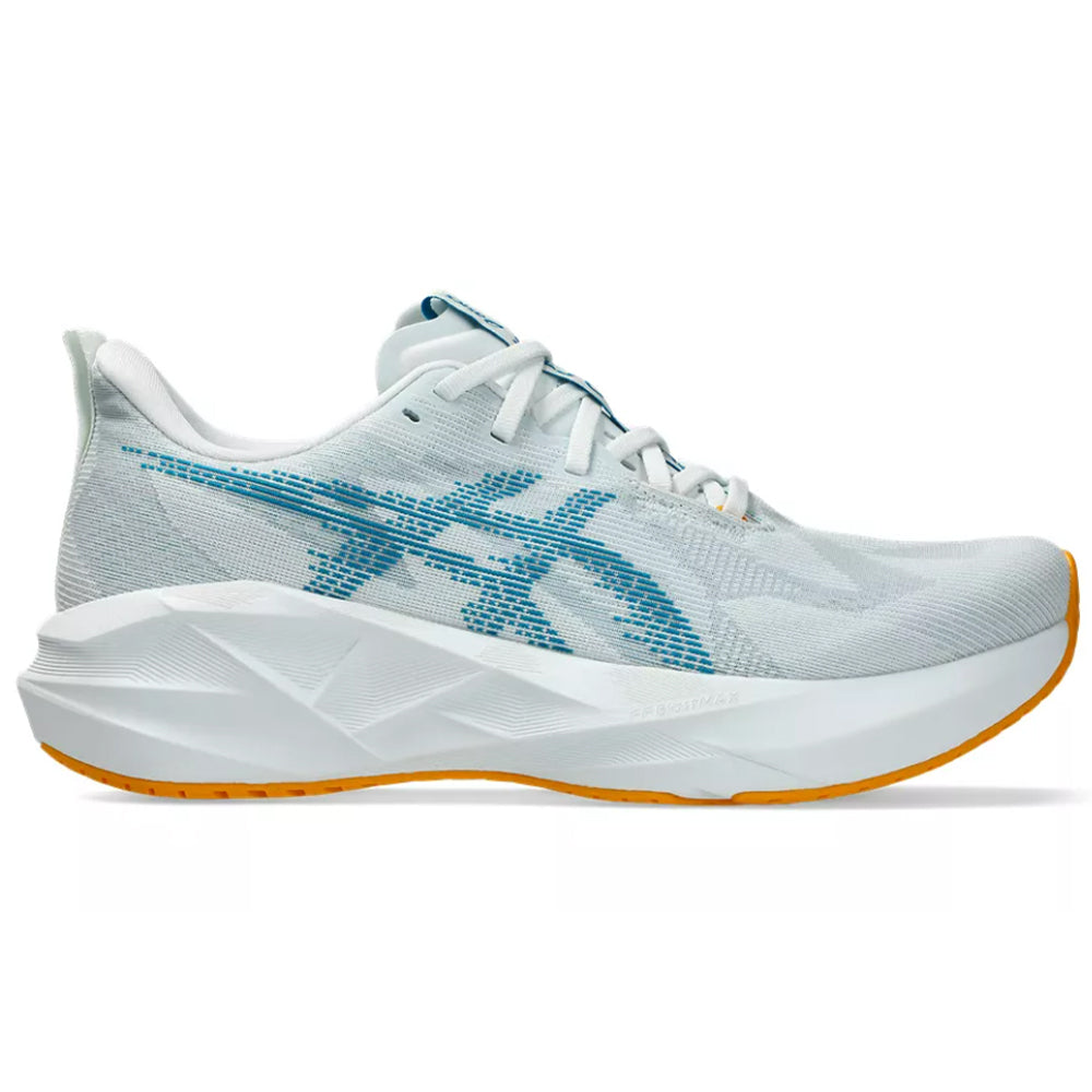 Side view on white background of Mens Asics Novablast running shoe in Arctic Blue/Aegean Blue, Medium (Regular) width