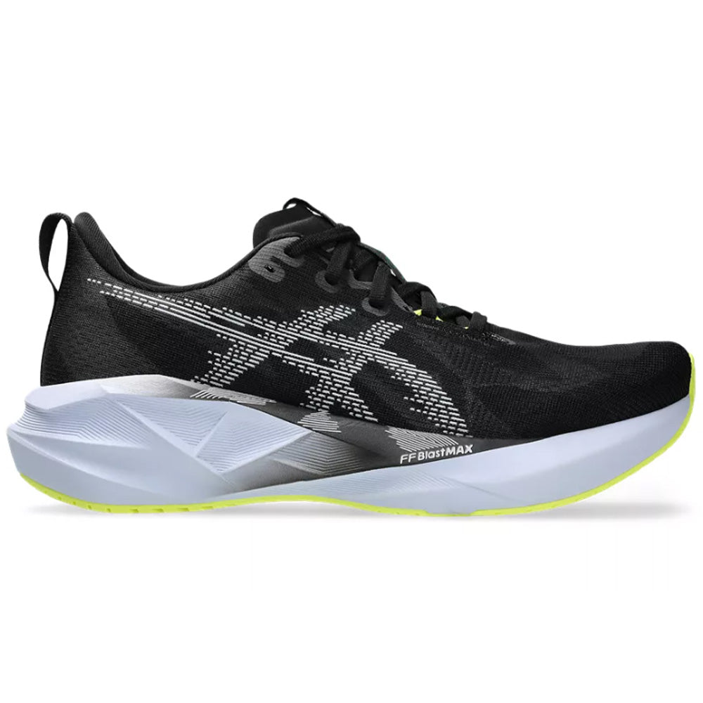 Side view on white background of Mens Asics Novablast running shoe in Black/Blue Fade, Medium (Regular) width