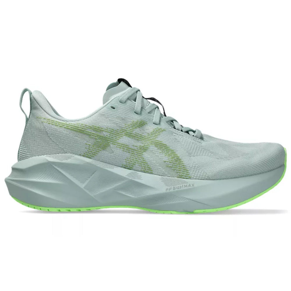 Side view on white background of Mens Asics Novablast running shoe in Cold Moss/Light Orange, Medium (Regular) width