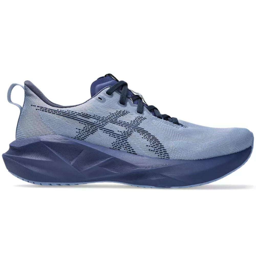 Side view on white background of Mens Asics Novablast running shoe in Denim Blue/Midnight, Medium (Regular) width